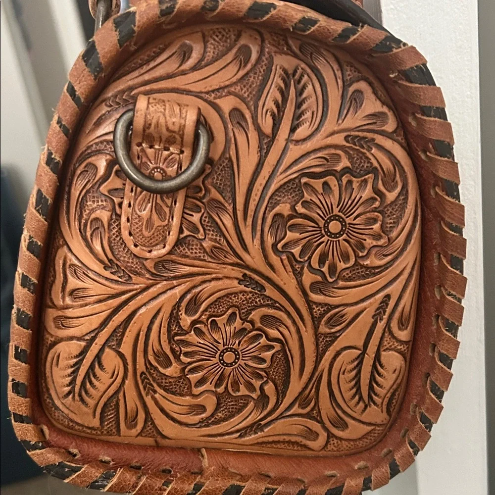 Hand-Tooled Leather Satchel with Turquoise Thunderbird Accent - Brown